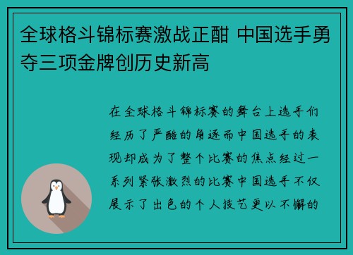 全球格斗锦标赛激战正酣 中国选手勇夺三项金牌创历史新高