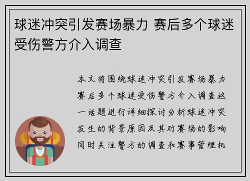 球迷冲突引发赛场暴力 赛后多个球迷受伤警方介入调查